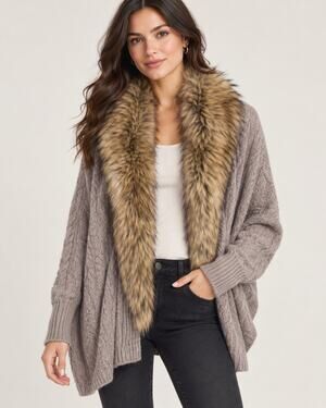 Joie Cable Knit Cardigan Sweater Detachable Faux Fur Collar Size Small